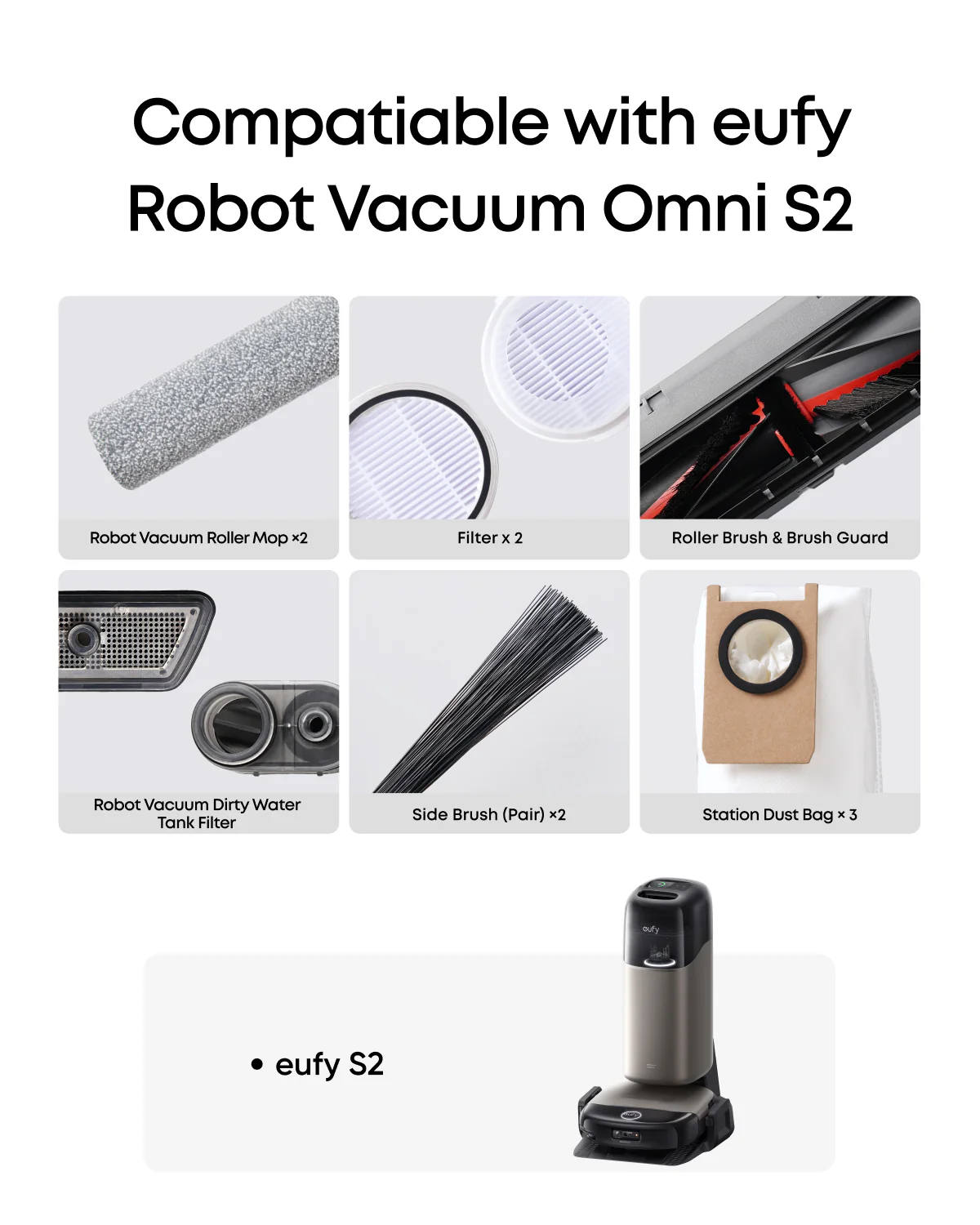 eufy S2 Replacement Accessory Kit, 2 Pairs of Side Brushes, 2 Filter Sets, 1 Roller Brush, 1 Brush Guard, 1 Dust Bag, 1 Roller Mop, 1 Water Tank Filter - Image 2
